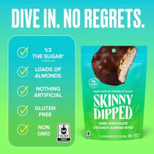 SkinnyDipped Dark Chocolate Coconut Almond Bites, Low Sugar Chocolate Coconut Bar, 3oz Resealable Bags, Pack of 4 (24 Bites Total)