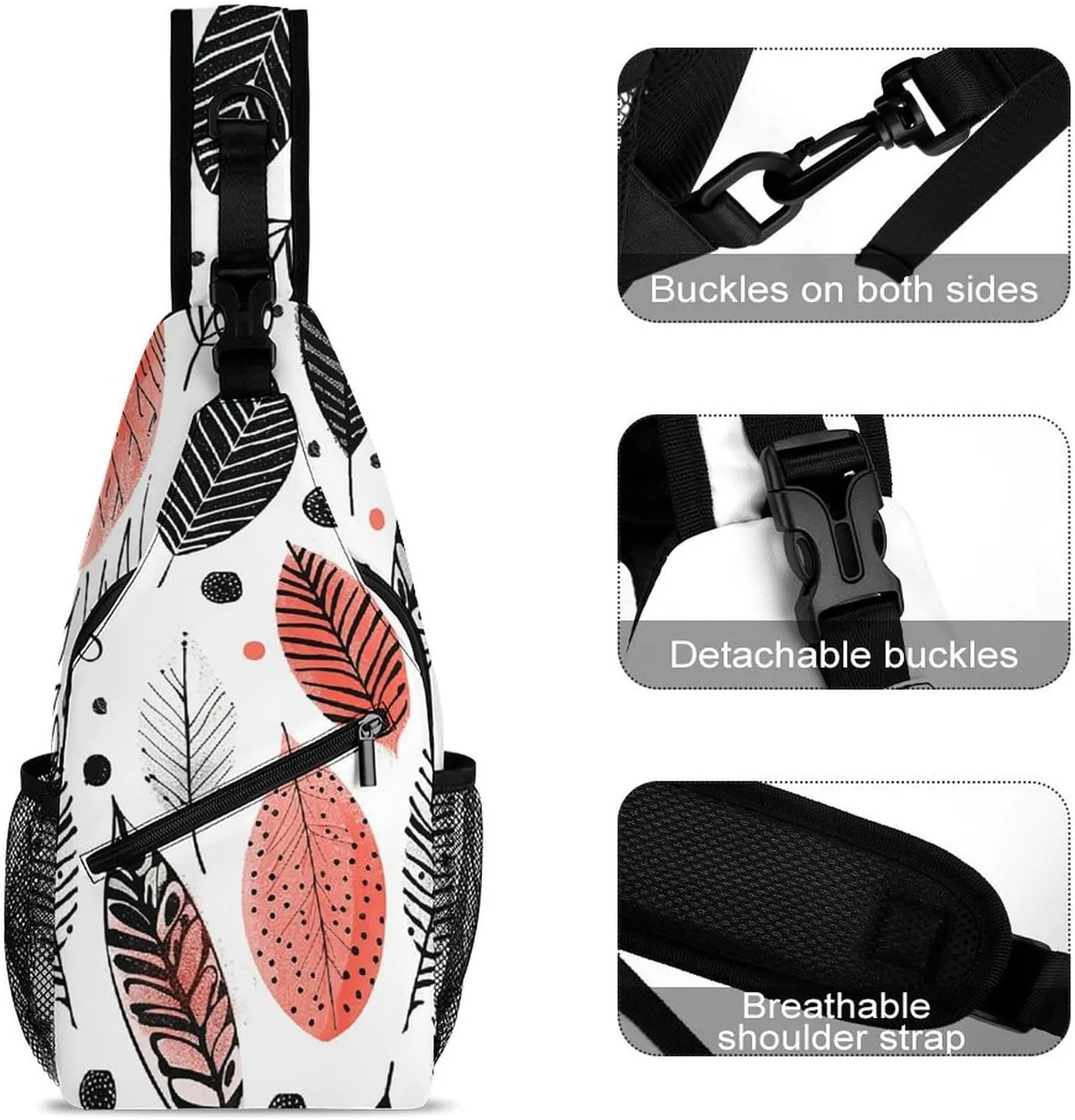 Sling Backpack Crossbody for Man Woman Leaves in Doodle Style Cross Body Adjustable Chest Bag, 38x20cm