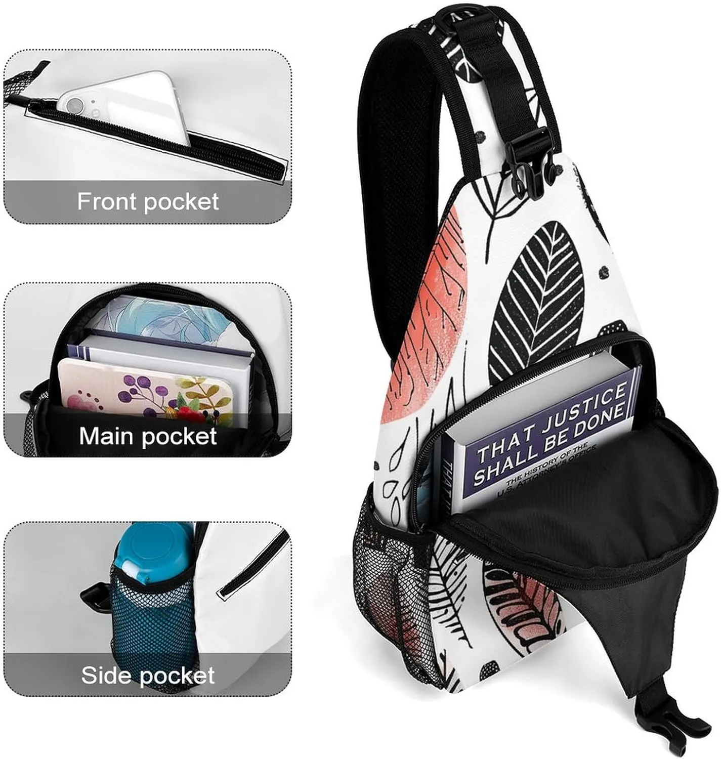 Sling Backpack Crossbody for Man Woman Leaves in Doodle Style Cross Body Adjustable Chest Bag, 38x20cm