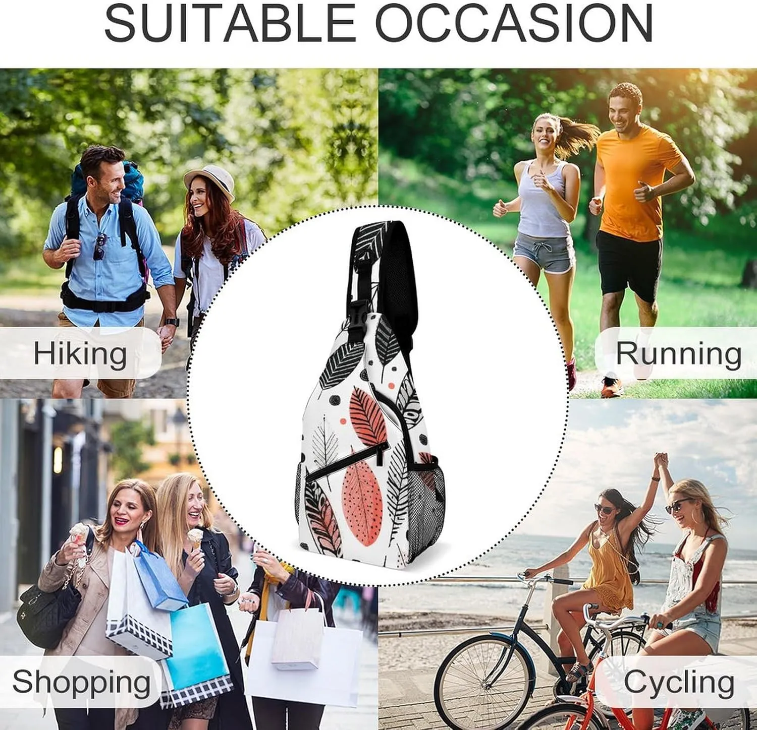Sling Backpack Crossbody for Man Woman Leaves in Doodle Style Cross Body Adjustable Chest Bag, 38x20cm