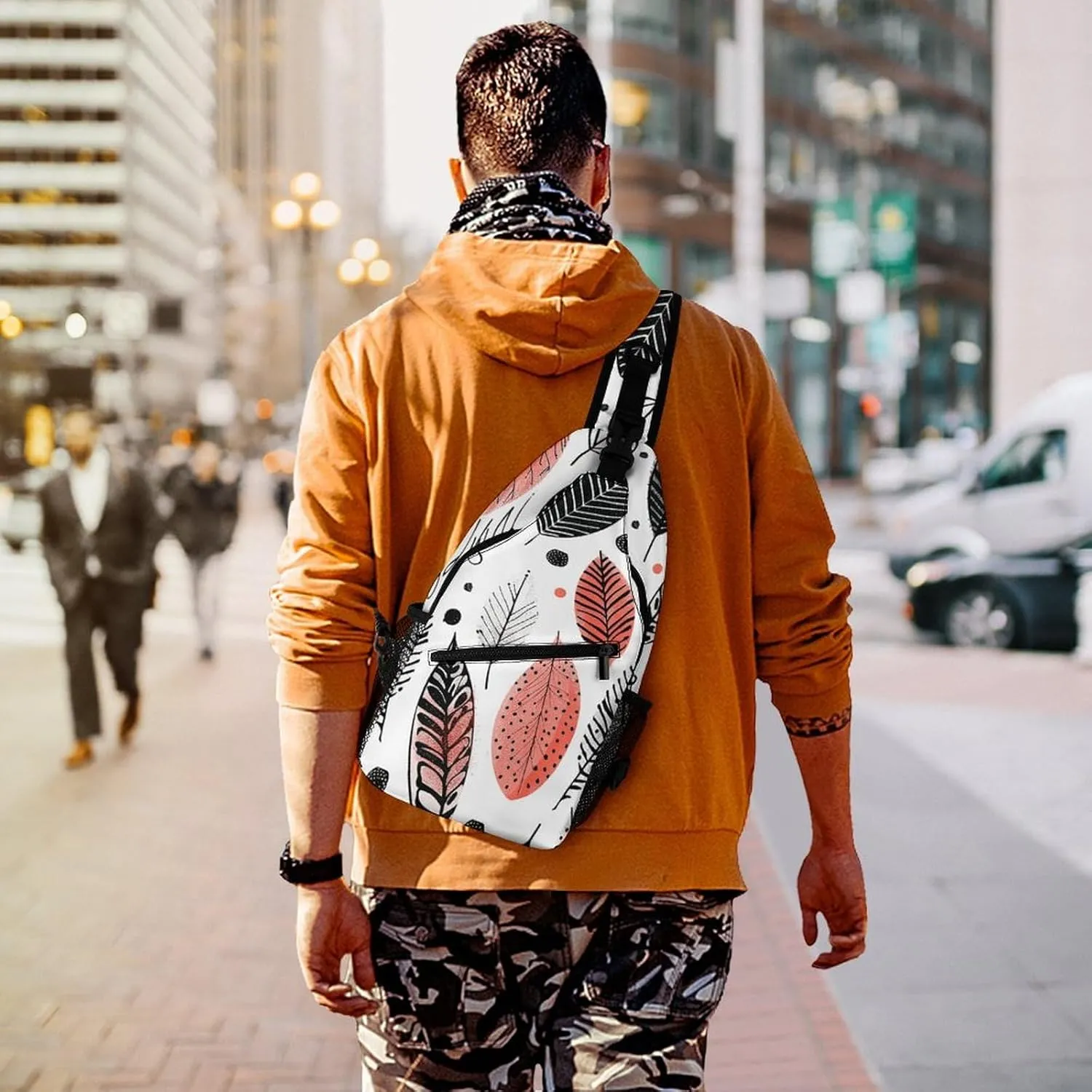 Sling Backpack Crossbody for Man Woman Leaves in Doodle Style Cross Body Adjustable Chest Bag, 38x20cm