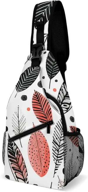 Sling Backpack Crossbody for Man Woman Leaves in Doodle Style Cross Body Adjustable Chest Bag, 38x20cm