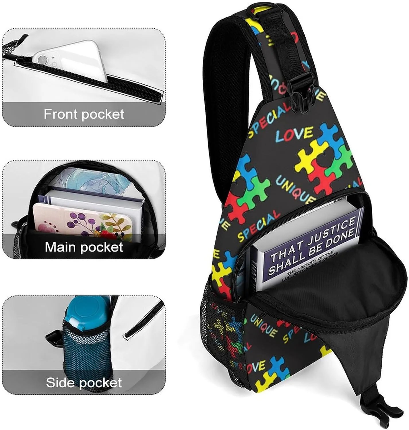 Sling Backpack,Travel Hiking Daypack Pattern Rope Crossbody Shoulder Bag, (for Colorful Autism Awareness Puzzle Pieces Heart Black)