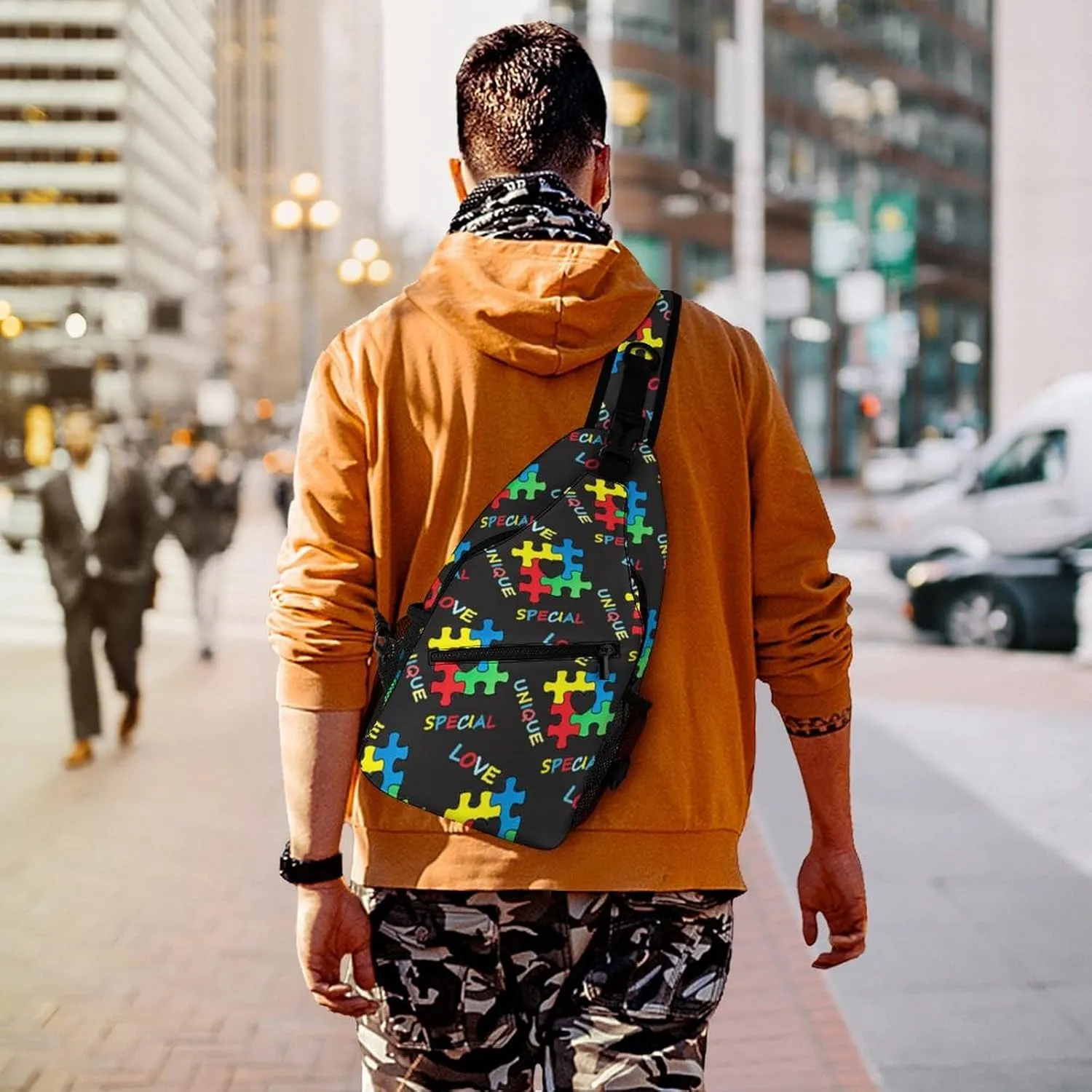 Sling Backpack,Travel Hiking Daypack Pattern Rope Crossbody Shoulder Bag, (for Colorful Autism Awareness Puzzle Pieces Heart Black)