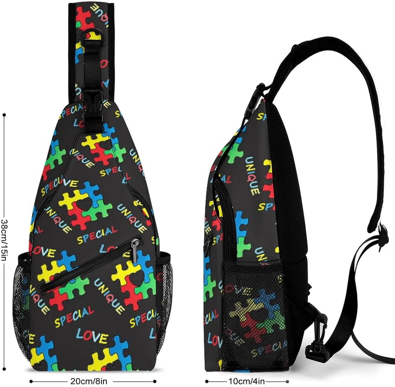 Sling Backpack,Travel Hiking Daypack Pattern Rope Crossbody Shoulder Bag, (for Colorful Autism Awareness Puzzle Pieces Heart Black)