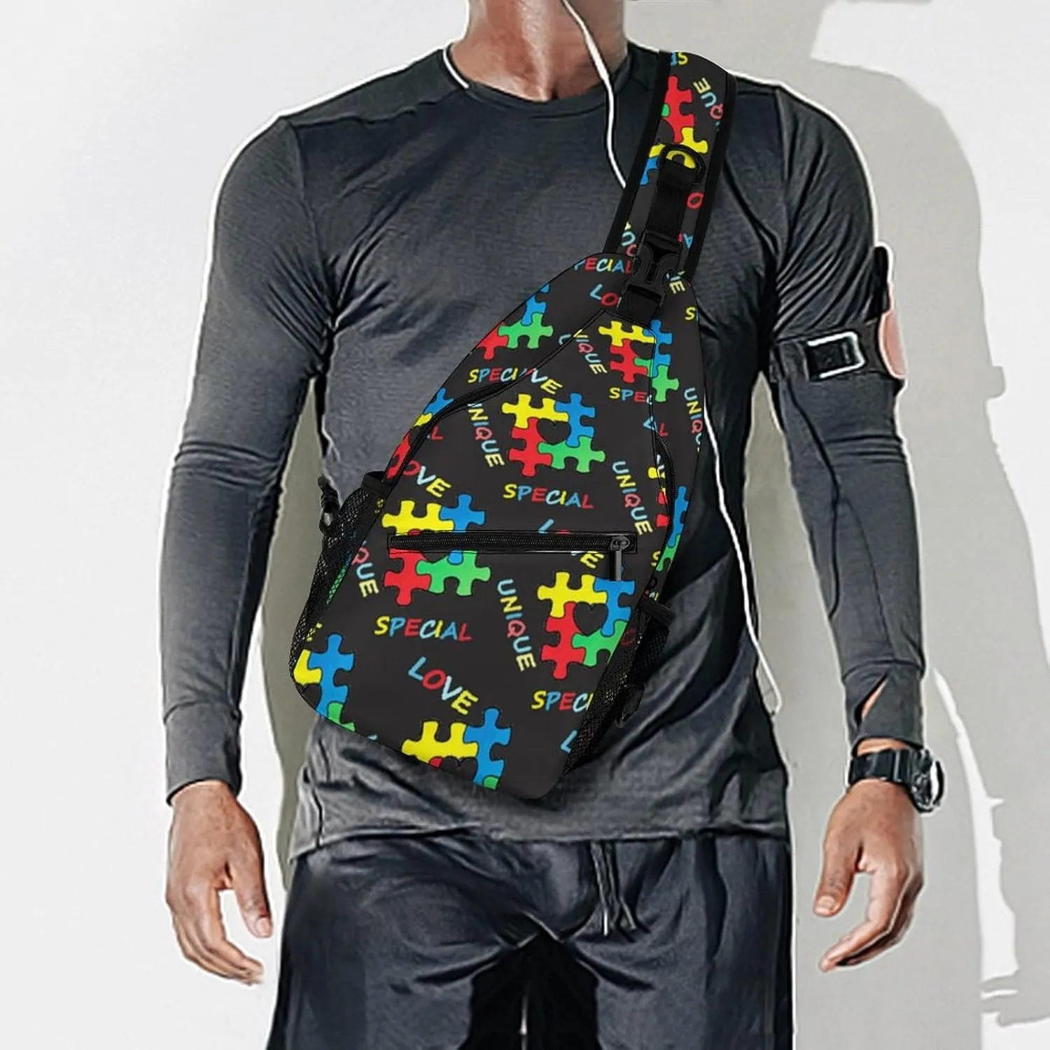 Sling Backpack,Travel Hiking Daypack Pattern Rope Crossbody Shoulder Bag, (for Colorful Autism Awareness Puzzle Pieces Heart Black)