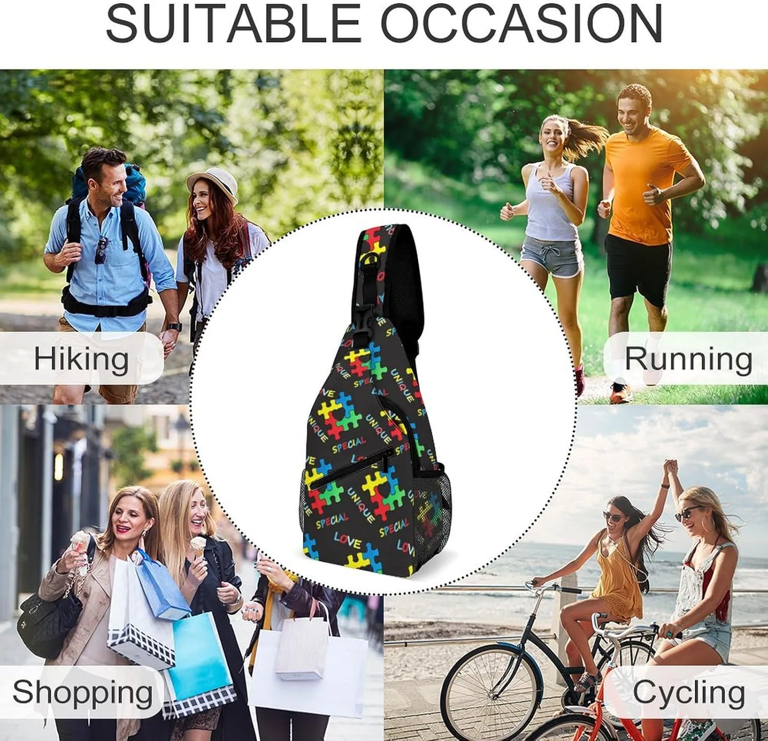 Sling Backpack,Travel Hiking Daypack Pattern Rope Crossbody Shoulder Bag, (for Colorful Autism Awareness Puzzle Pieces Heart Black)