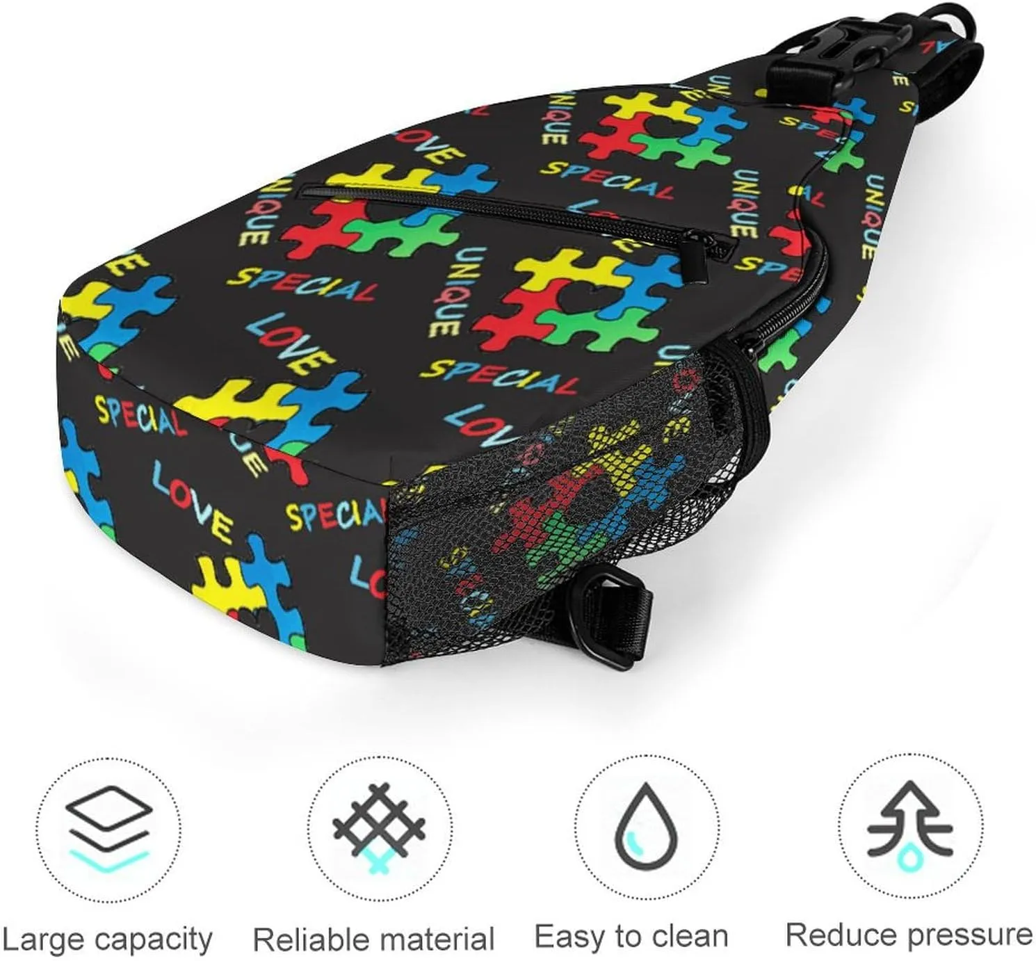 Sling Backpack,Travel Hiking Daypack Pattern Rope Crossbody Shoulder Bag, (for Colorful Autism Awareness Puzzle Pieces Heart Black)
