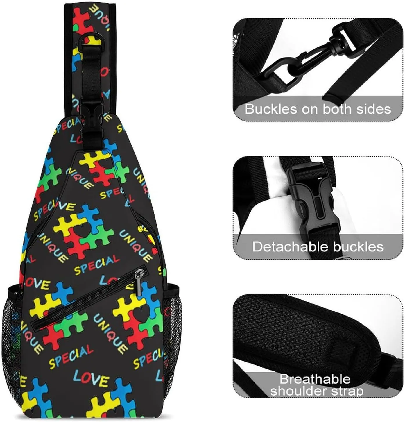 Sling Backpack,Travel Hiking Daypack Pattern Rope Crossbody Shoulder Bag, (for Colorful Autism Awareness Puzzle Pieces Heart Black)