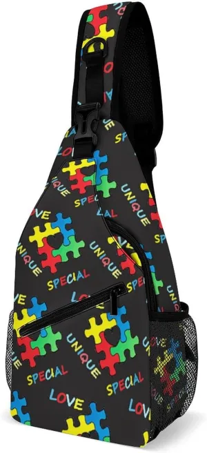Sling Backpack,Travel Hiking Daypack Pattern Rope Crossbody Shoulder Bag, (for Colorful Autism Awareness Puzzle Pieces Heart Black)