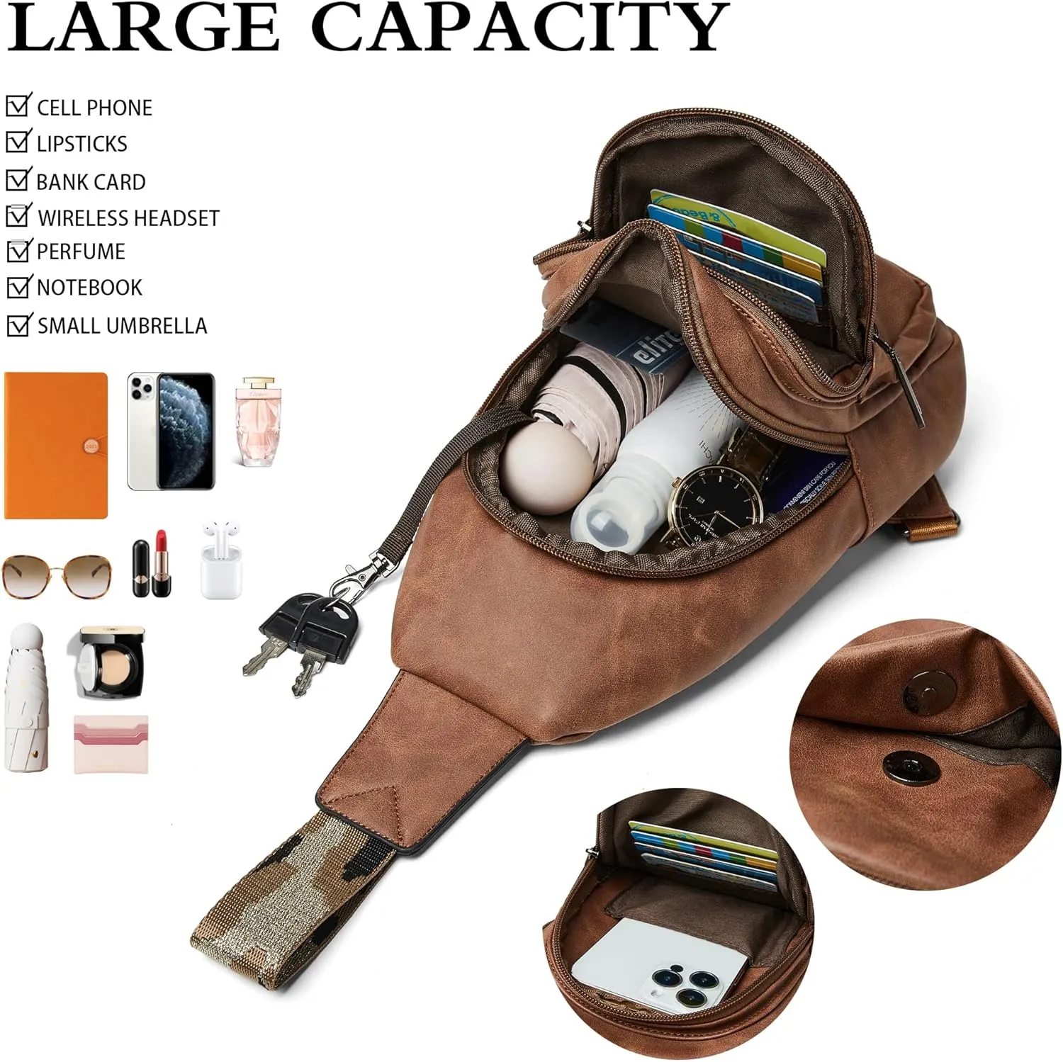 Sling Bag Crossbody Bags for Women for Travel, 3.5 x 10.5 x 6"(L x H x W),Adjustable Straps 22.5 to 44 inch