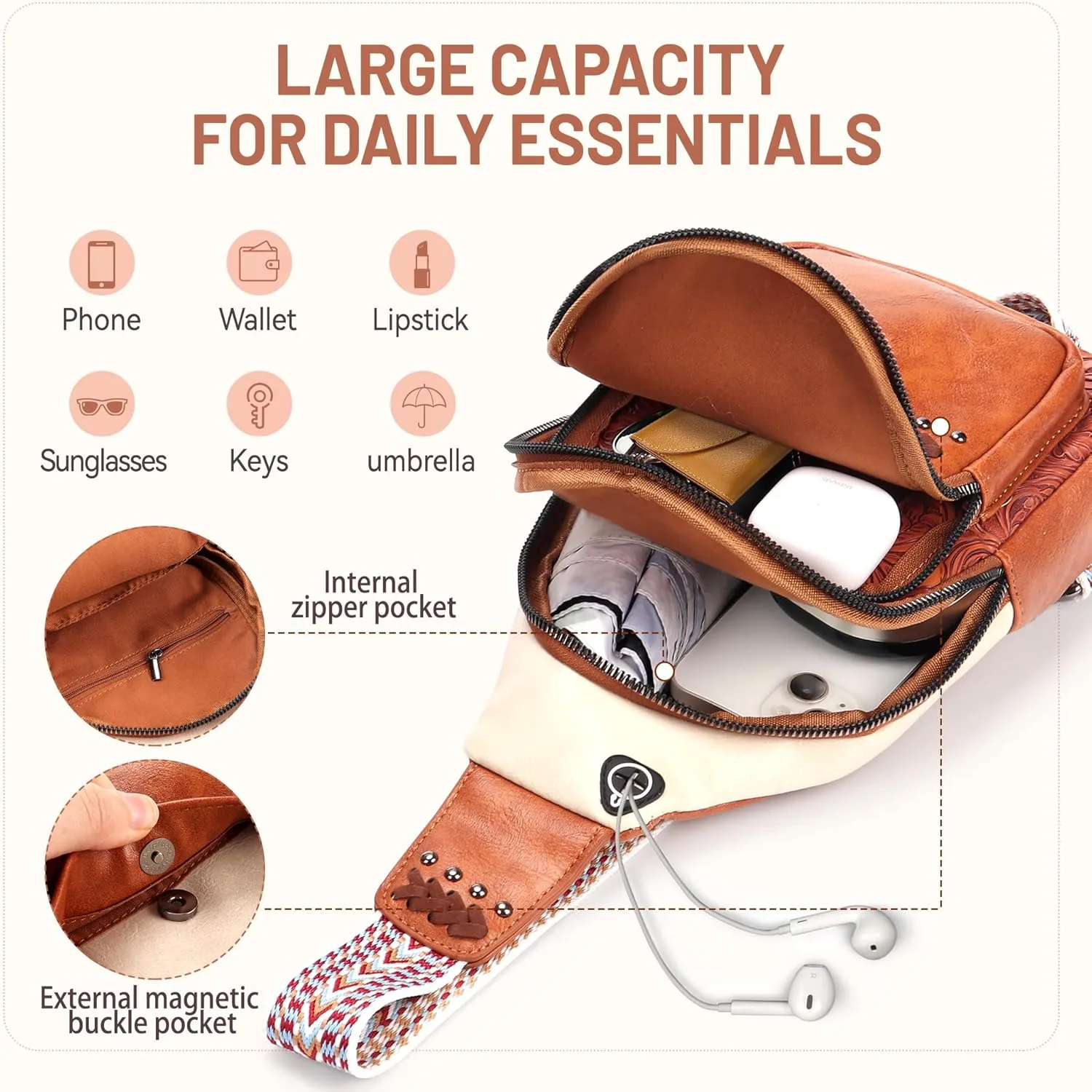 Sling Bag Crossbody Bags for Women Trendy Leather Fanny Packs Chest Bag Sling Crossbody Backpack for Travel (Brown with White)