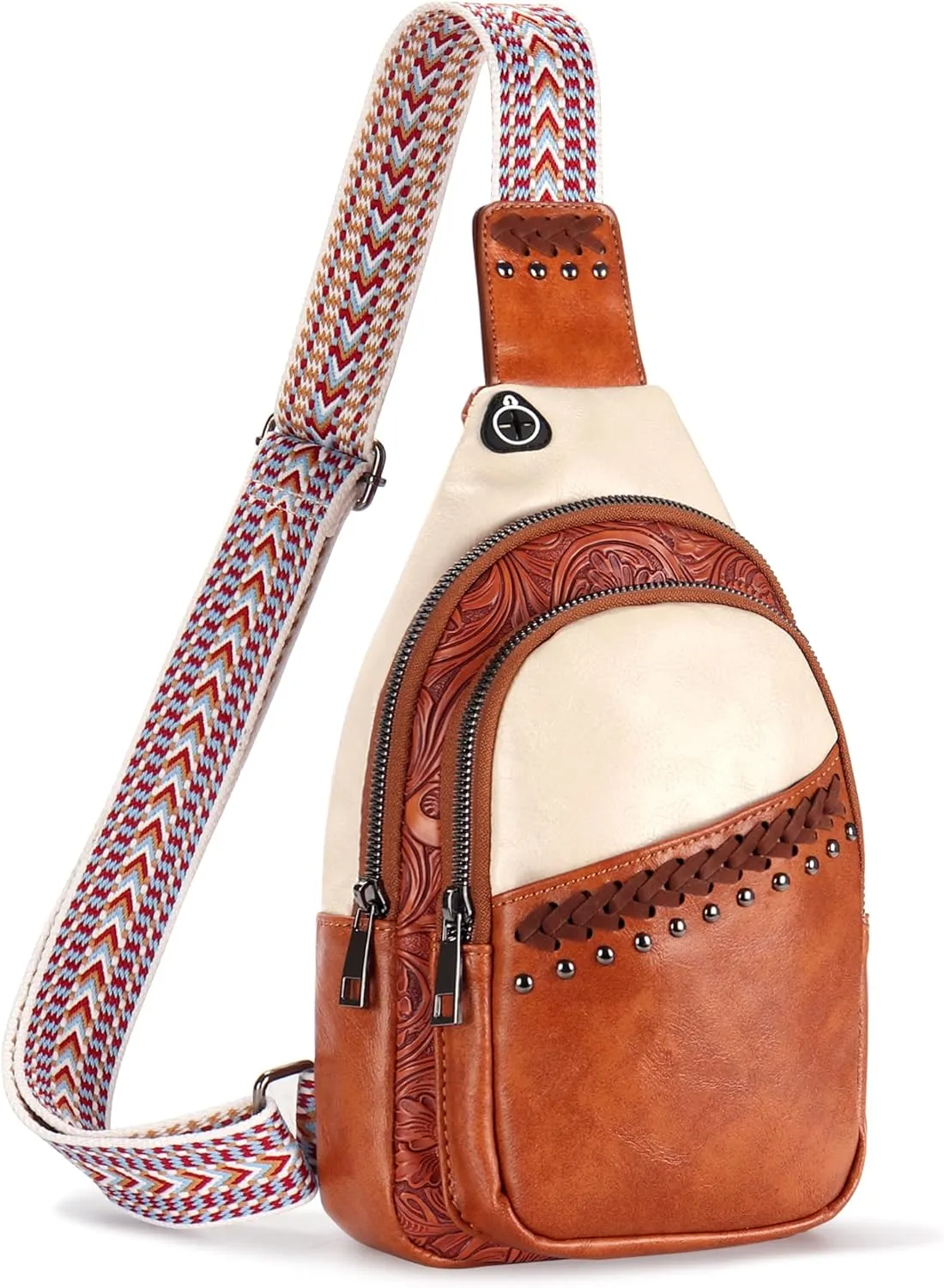 Sling Bag Crossbody Bags for Women Trendy Leather Fanny Packs Chest Bag Sling Crossbody Backpack for Travel (Brown with White)