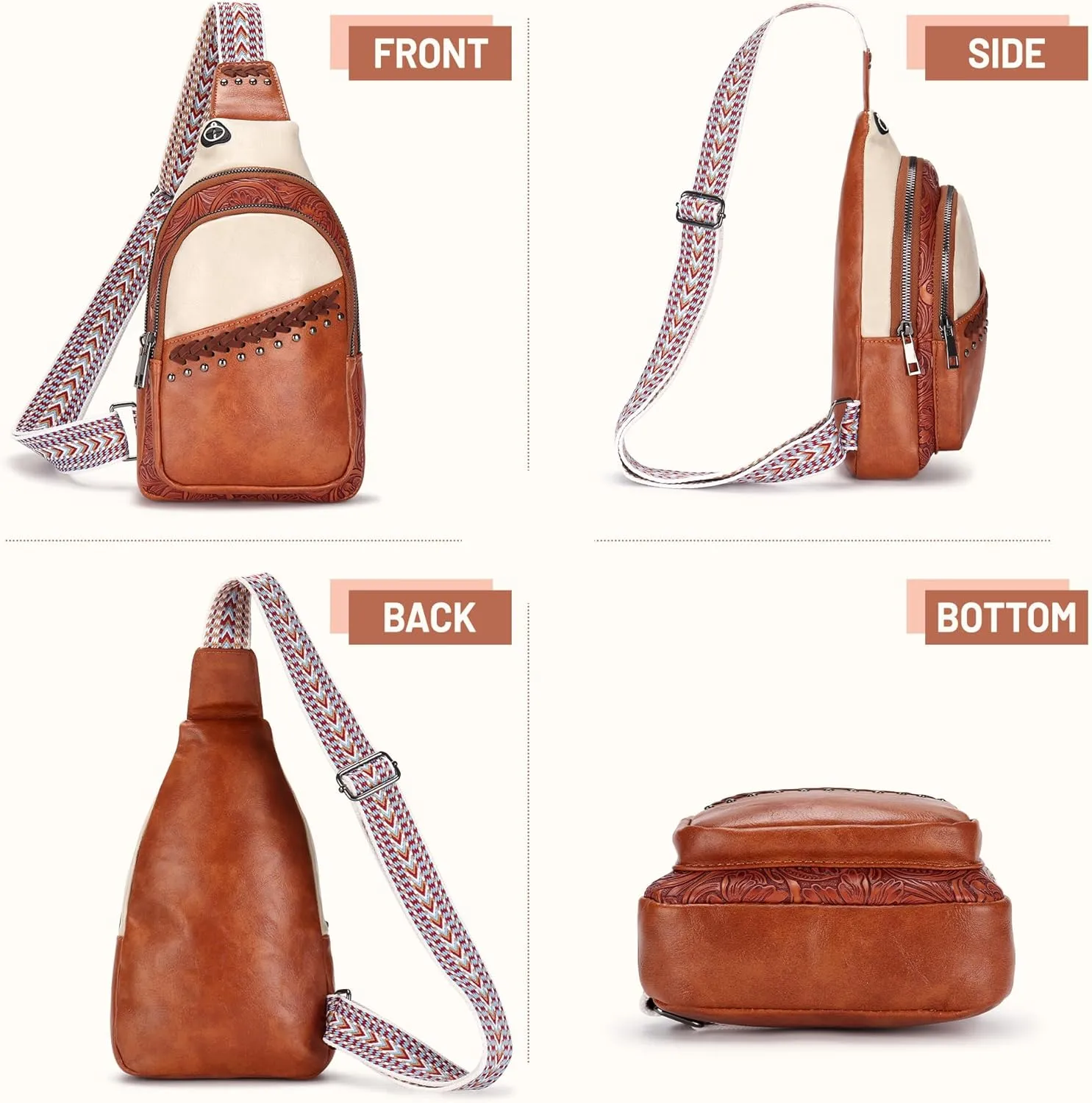 Sling Bag Crossbody Bags for Women Trendy Leather Fanny Packs Chest Bag Sling Crossbody Backpack for Travel (Brown with White)