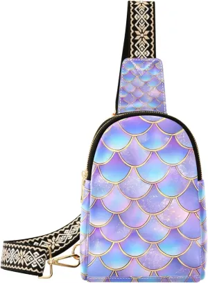 Sling Bag for Women Purple Holographic Mermaid Scales Crossbody Bag Backpack Purse Small Cross Body Bags Travel Shoulder Bags Multipurpose Chest Bag
