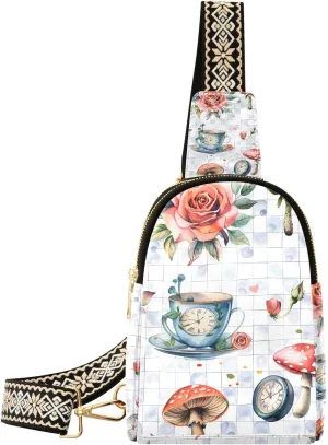 Sling Bag for Women Rose Tea Cup Hat Mushrooms Crossbody Bag Backpack Purse Small Cross Body Bags Travel Shoulder Bags Multipurpose Chest Bag