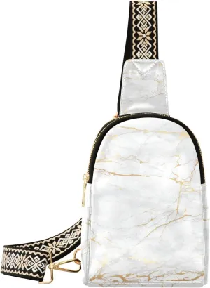 Sling Bag for Women White Marble Gold Swirl Crossbody Backpack Purse Small Cross Body Bags Travel Shoulder Bags Chest Bag Casual Daypack