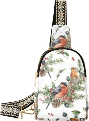 Sling Bag Leather Crossbody Bags Birds Spruce Branches Waist Packs Fanny Pack Chest Bag Travel Purse for Women Traveling Daily Shopping