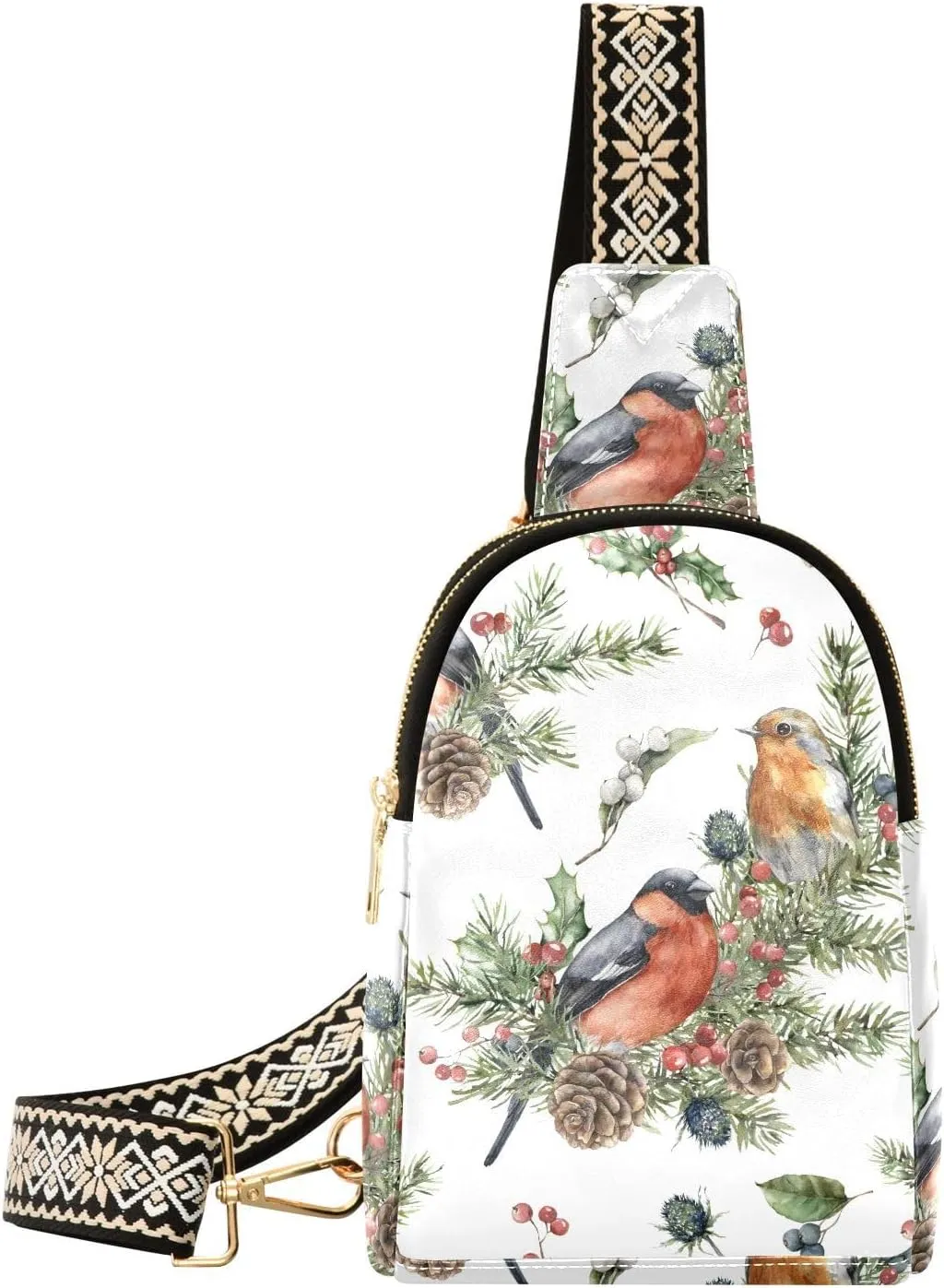 Sling Bag Leather Crossbody Bags Birds Spruce Branches Waist Packs Fanny Pack Chest Bag Travel Purse for Women Traveling Daily Shopping