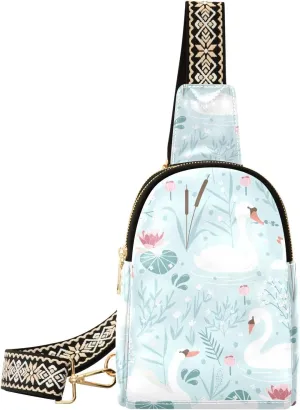 Sling Bag Leather Crossbody Bags Swans in Pond Waist Packs Fanny Pack Chest Bag Travel Purse for Women Traveling Daily Shopping