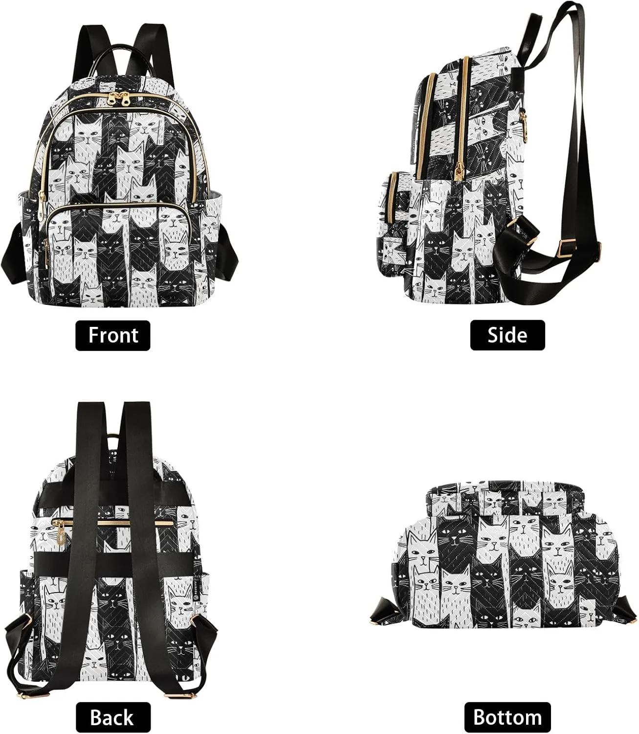 Small Backpack Purse for Women, Black White Cats Travel Bag Casual Daypack Shoulder Bag