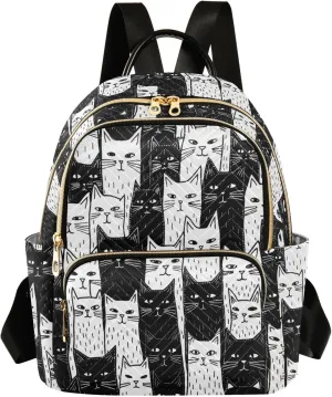 Small Backpack Purse for Women, Black White Cats Travel Bag Casual Daypack Shoulder Bag