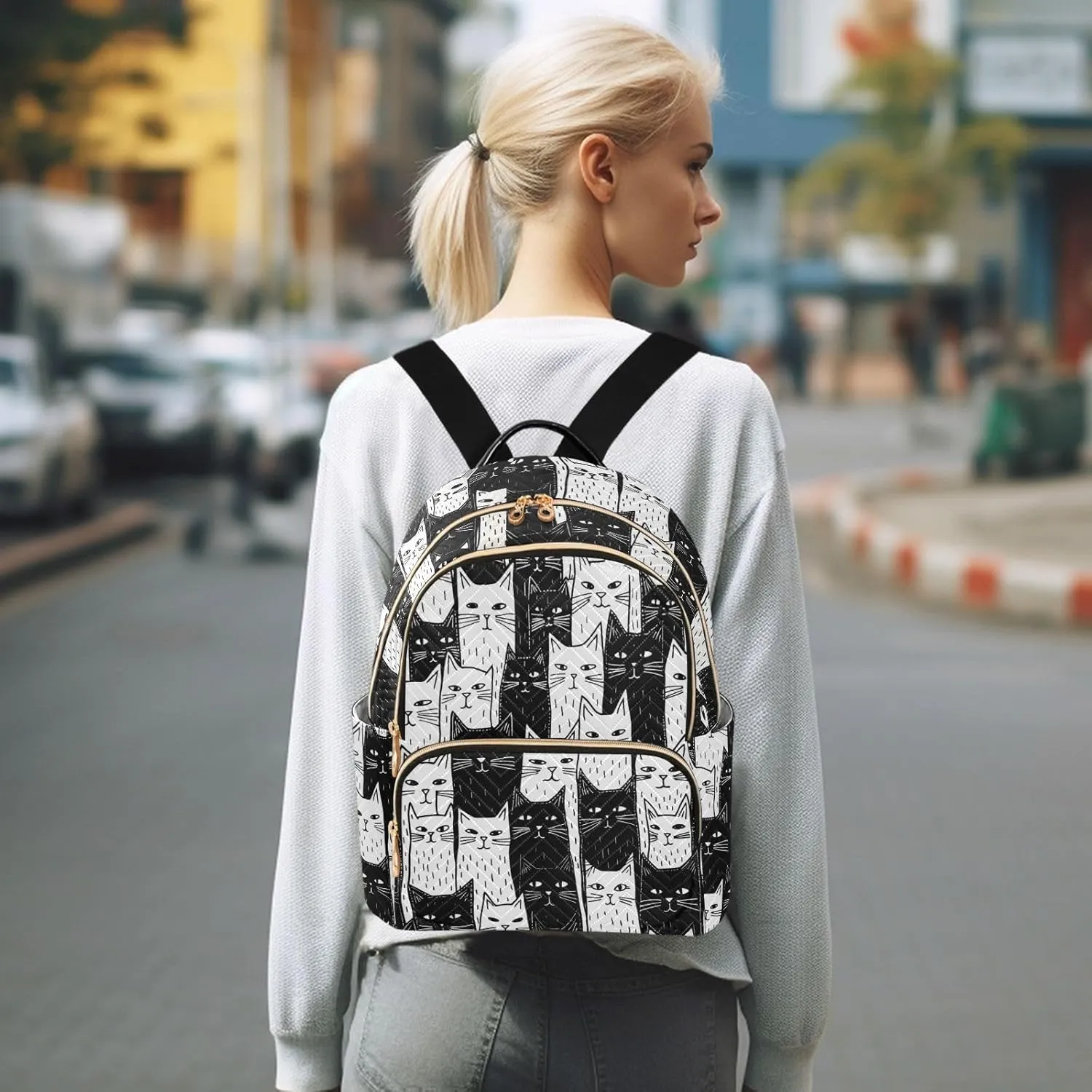 Small Backpack Purse for Women, Black White Cats Travel Bag Casual Daypack Shoulder Bag