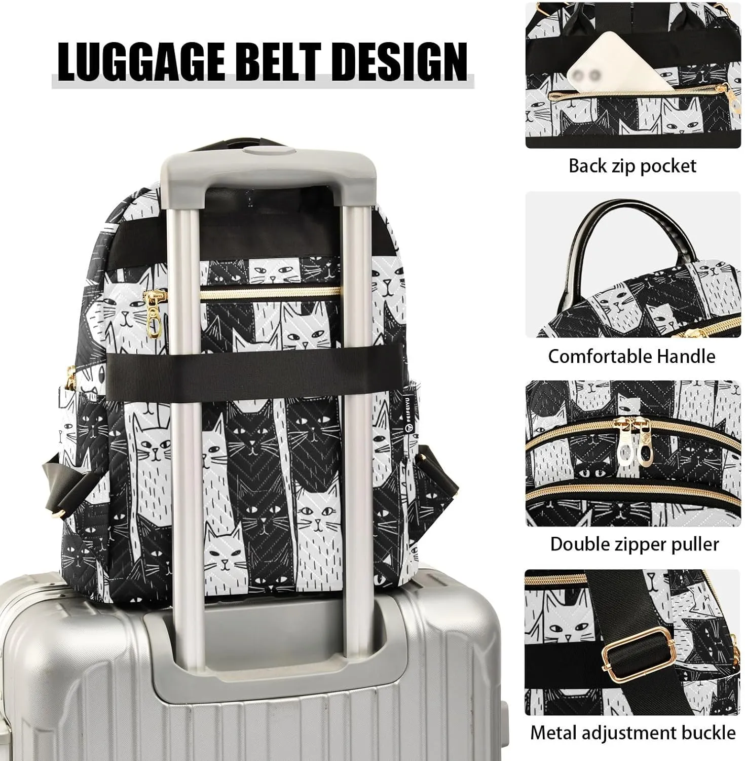 Small Backpack Purse for Women, Black White Cats Travel Bag Casual Daypack Shoulder Bag