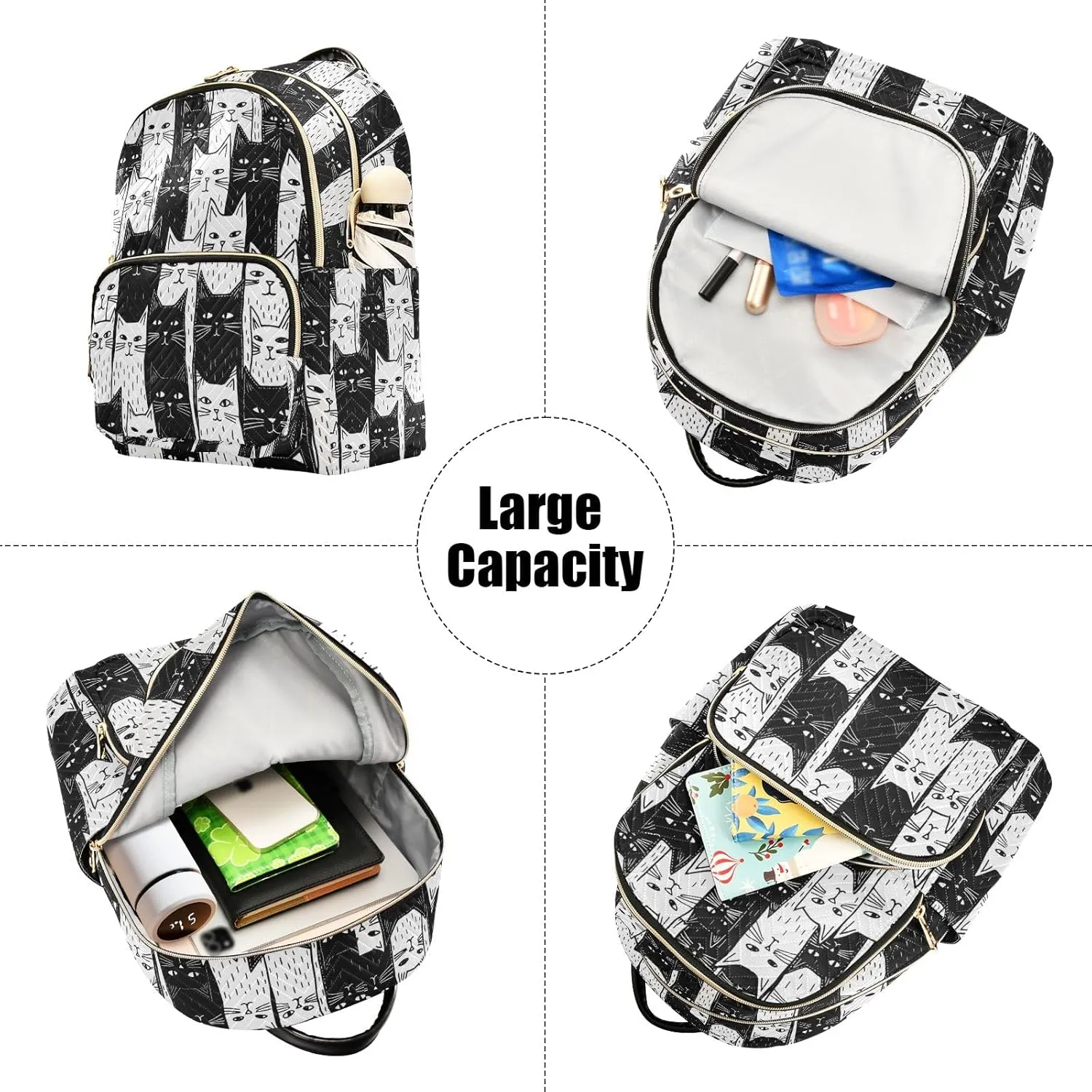 Small Backpack Purse for Women, Black White Cats Travel Bag Casual Daypack Shoulder Bag
