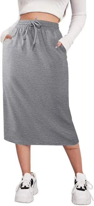 SOFIA'S CHOICE Women's Midi Skirt Drawstring High Waist Sweat Skirts with Pockets