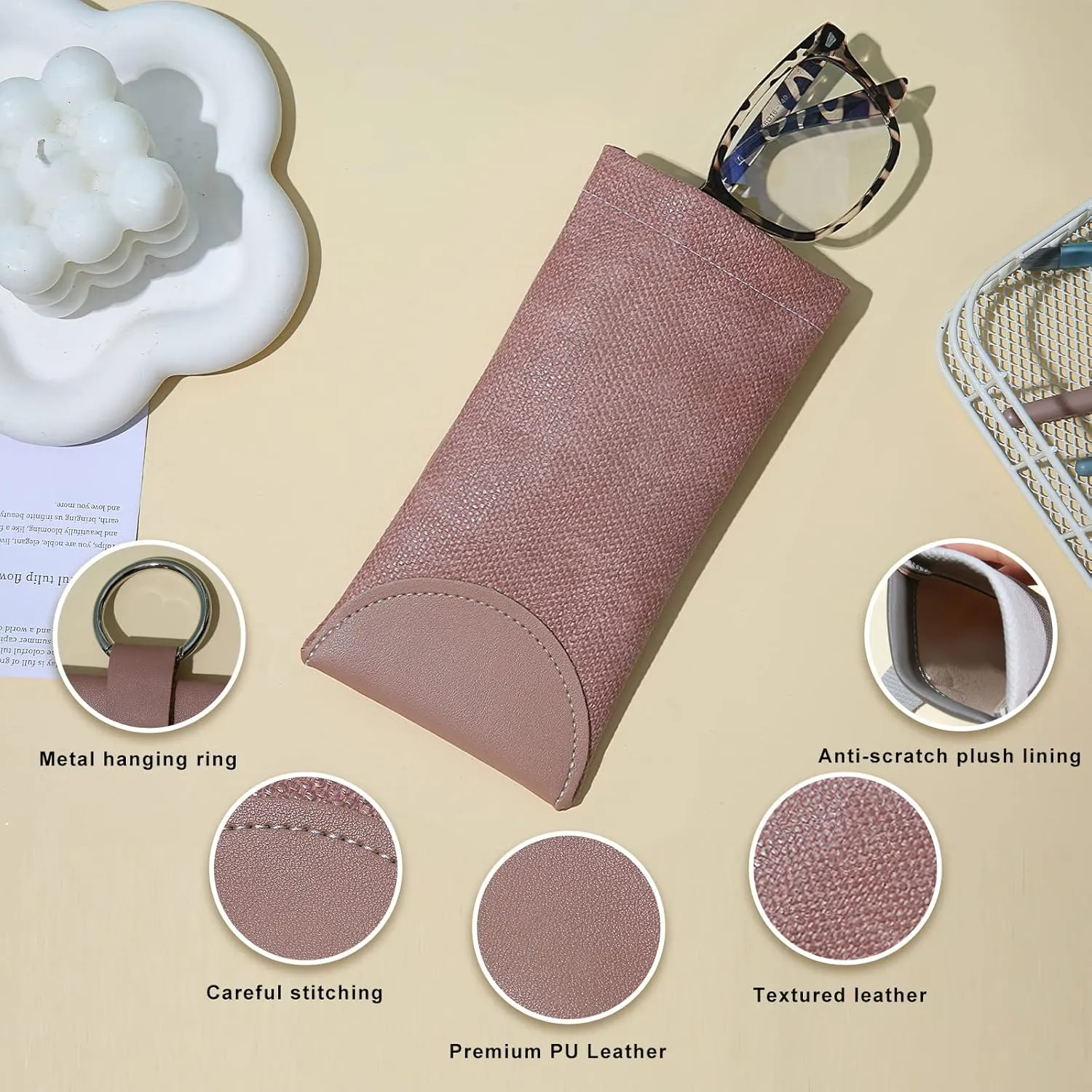 Soft Glasses Case Pouch Bag - Leather Travel Sunglass Case Squeeze Top Eyeglass Case With Hanging Loop 2 Pack