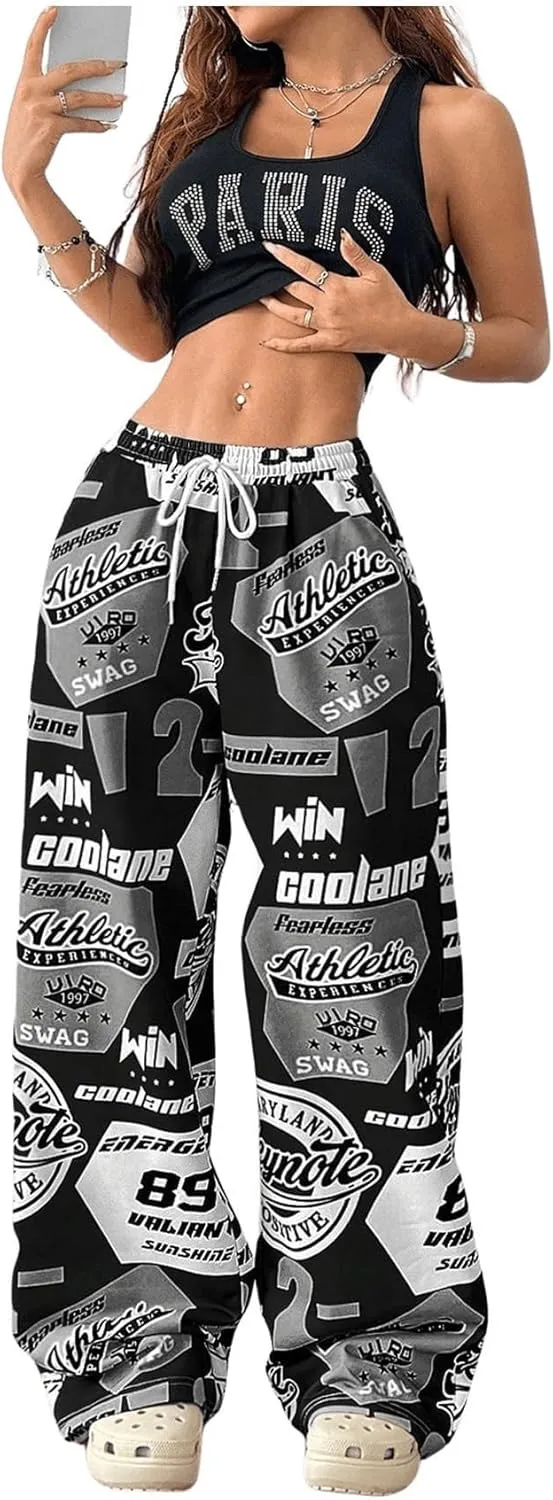 SOLY HUX Women's Graphic Baggy Pants Drawstring High Waisted Baggy Sweatpants with Pocket Streetwear