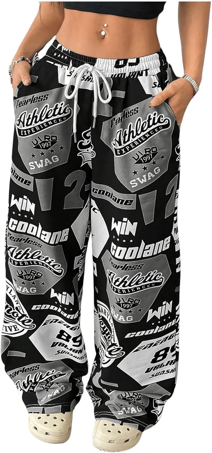 SOLY HUX Women's Graphic Baggy Pants Drawstring High Waisted Baggy Sweatpants with Pocket Streetwear