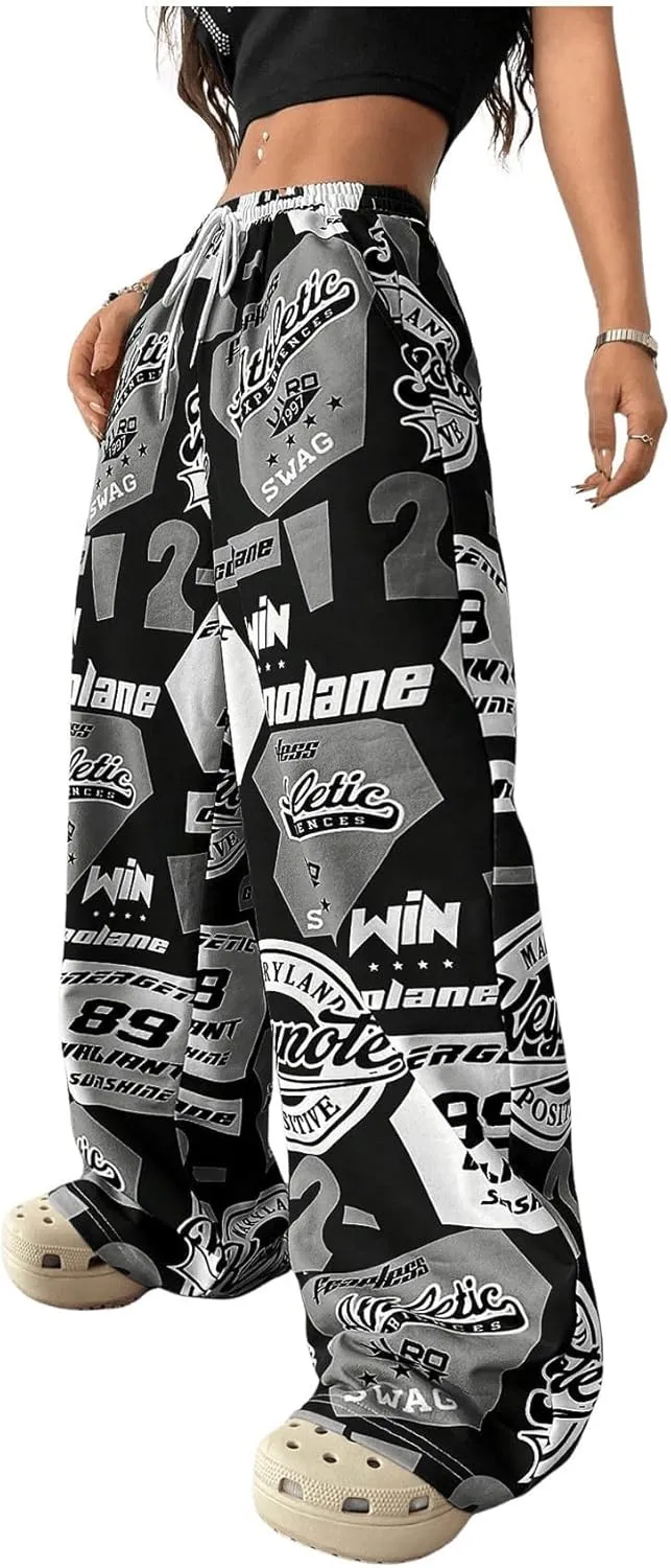 SOLY HUX Women's Graphic Baggy Pants Drawstring High Waisted Baggy Sweatpants with Pocket Streetwear
