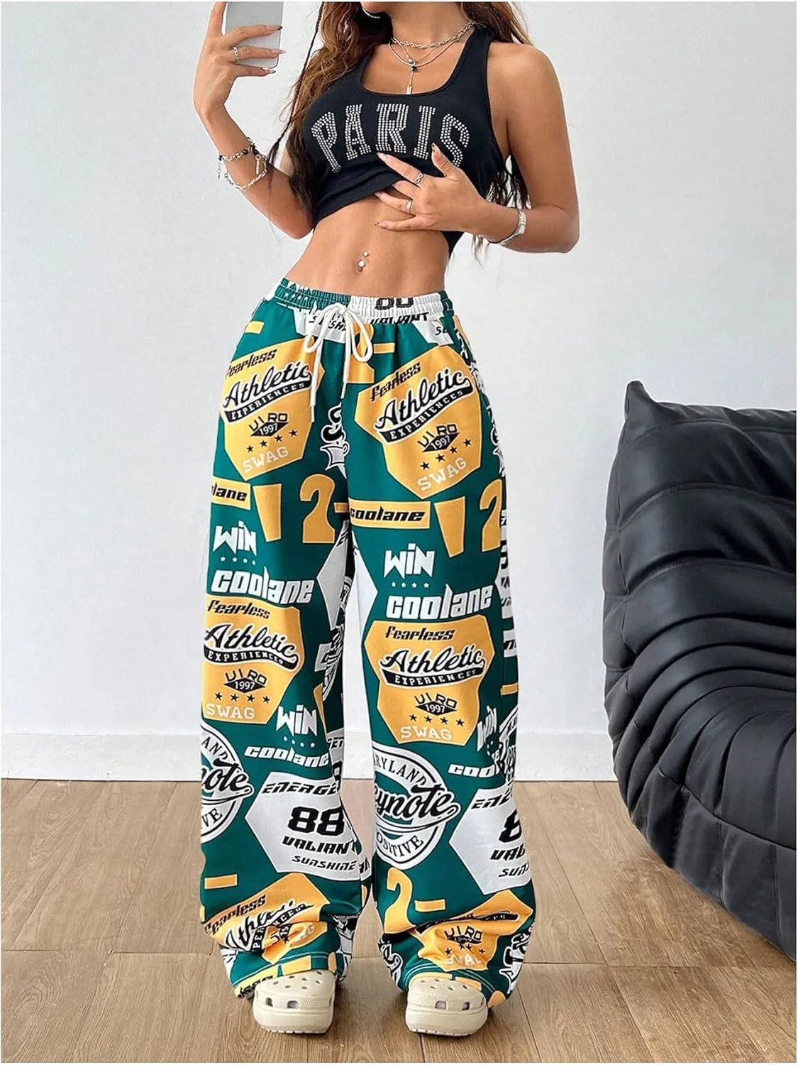 SOLY HUX Women's Graphic Baggy Pants Drawstring High Waisted Baggy Sweatpants with Pocket Streetwear