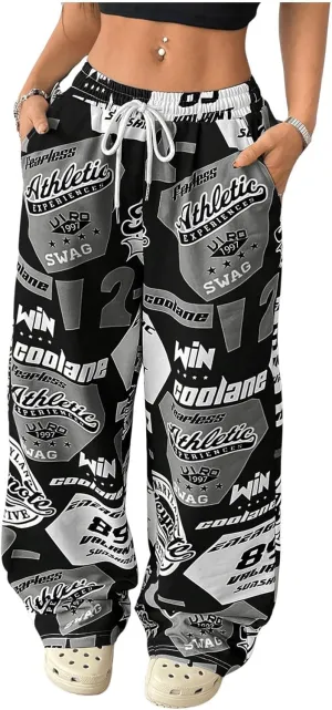 SOLY HUX Women's Graphic Baggy Pants Drawstring High Waisted Baggy Sweatpants with Pocket Streetwear
