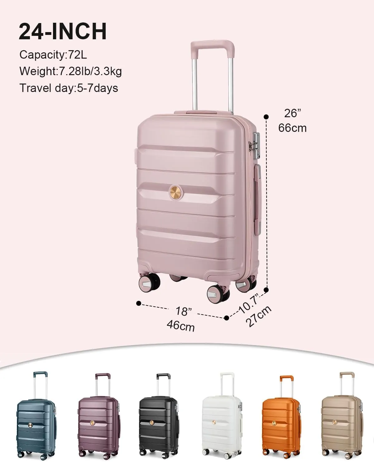 Somago 24 Inch Checked Luggage and Packing Cube Travel Set Hard Shell Lightweight Polypropylene Suitcase with Spinner Wheels TSA Lock,Nude Pink