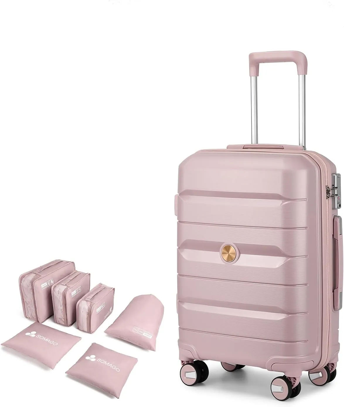 Somago 24 Inch Checked Luggage and Packing Cube Travel Set Hard Shell Lightweight Polypropylene Suitcase with Spinner Wheels TSA Lock,Nude Pink
