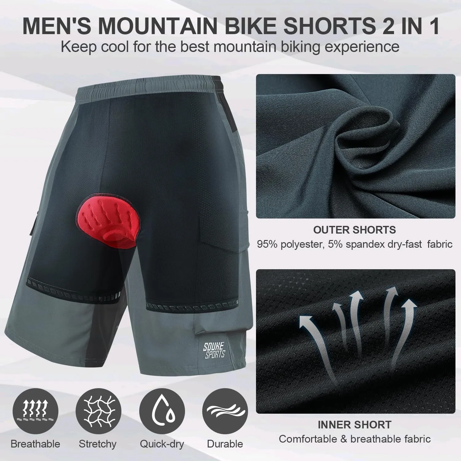 Souke Sports Men's Mountain Bike Shorts 4D Padded MTB Cycling Shorts Loose-fit Lightweight Bicycle Shorts