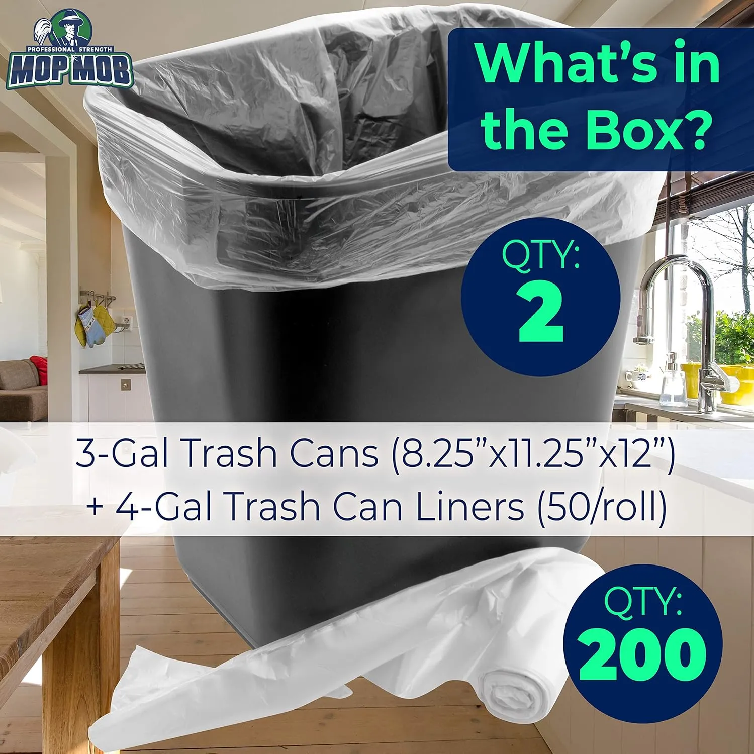 Space-Saving Trash Can and 4 Gal. Leak-Proof Liners Combo 2Pk. Small Black Plastic Wastebasket and Clear Bags Great for Bathroom, Kitchen or Office. Garbage Bin Fits Under Most Desks and Cabinets