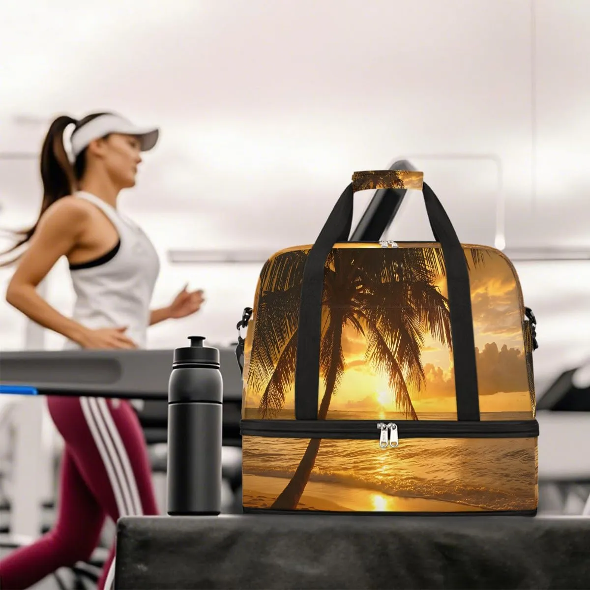 Sports Gym Bag Beach Sunset Coconut Trees Large Travel Duffel Bag With Shoe Compartment Foldable Waterproof Carry-On Weekend Travel Bags for Camping Overnight Yoga Hospital Travel Bags