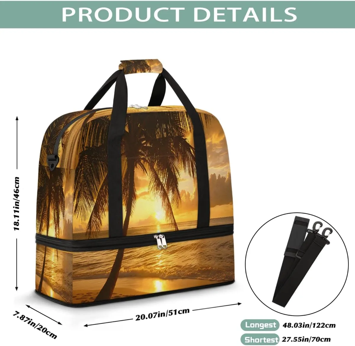 Sports Gym Bag Beach Sunset Coconut Trees Large Travel Duffel Bag With Shoe Compartment Foldable Waterproof Carry-On Weekend Travel Bags for Camping Overnight Yoga Hospital Travel Bags