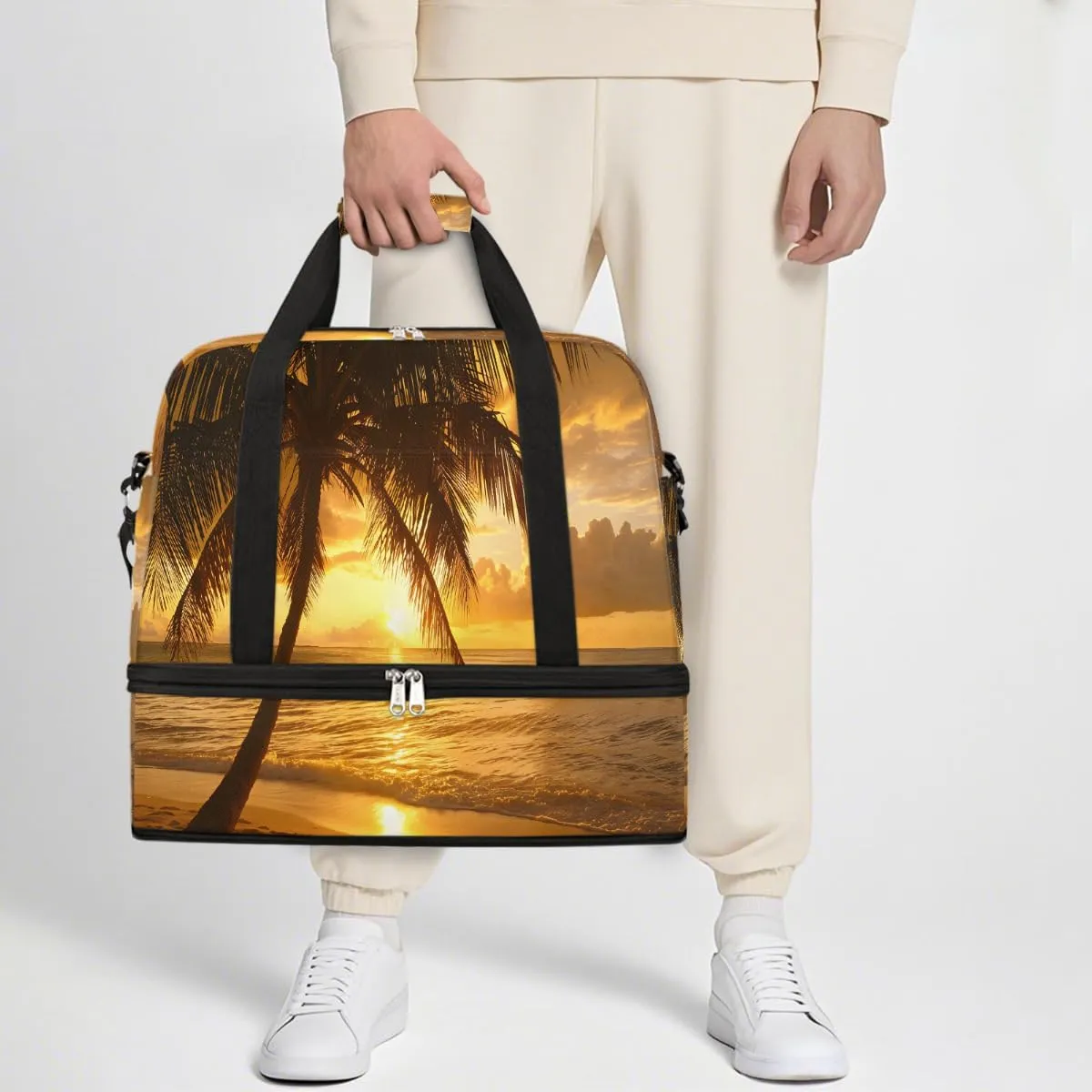 Sports Gym Bag Beach Sunset Coconut Trees Large Travel Duffel Bag With Shoe Compartment Foldable Waterproof Carry-On Weekend Travel Bags for Camping Overnight Yoga Hospital Travel Bags