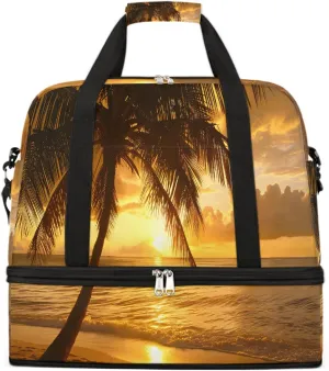 Sports Gym Bag Beach Sunset Coconut Trees Large Travel Duffel Bag With Shoe Compartment Foldable Waterproof Carry-On Weekend Travel Bags for Camping Overnight Yoga Hospital Travel Bags