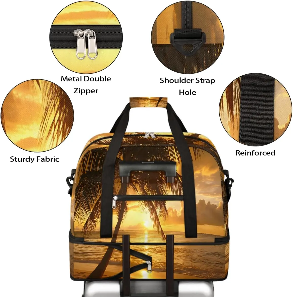 Sports Gym Bag Beach Sunset Coconut Trees Large Travel Duffel Bag With Shoe Compartment Foldable Waterproof Carry-On Weekend Travel Bags for Camping Overnight Yoga Hospital Travel Bags