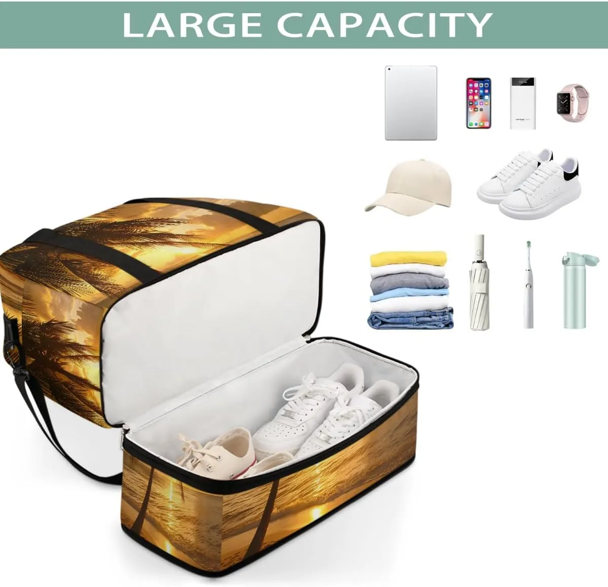 Sports Gym Bag Beach Sunset Coconut Trees Large Travel Duffel Bag With Shoe Compartment Foldable Waterproof Carry-On Weekend Travel Bags for Camping Overnight Yoga Hospital Travel Bags