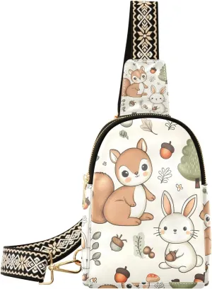 Squirrel Bunny Acorns Mushrooms Backpack Sling Bag for Women Crossbody Bags Small Cross Body Bags Leather Travel Chest Bag Purse Casual Daypack