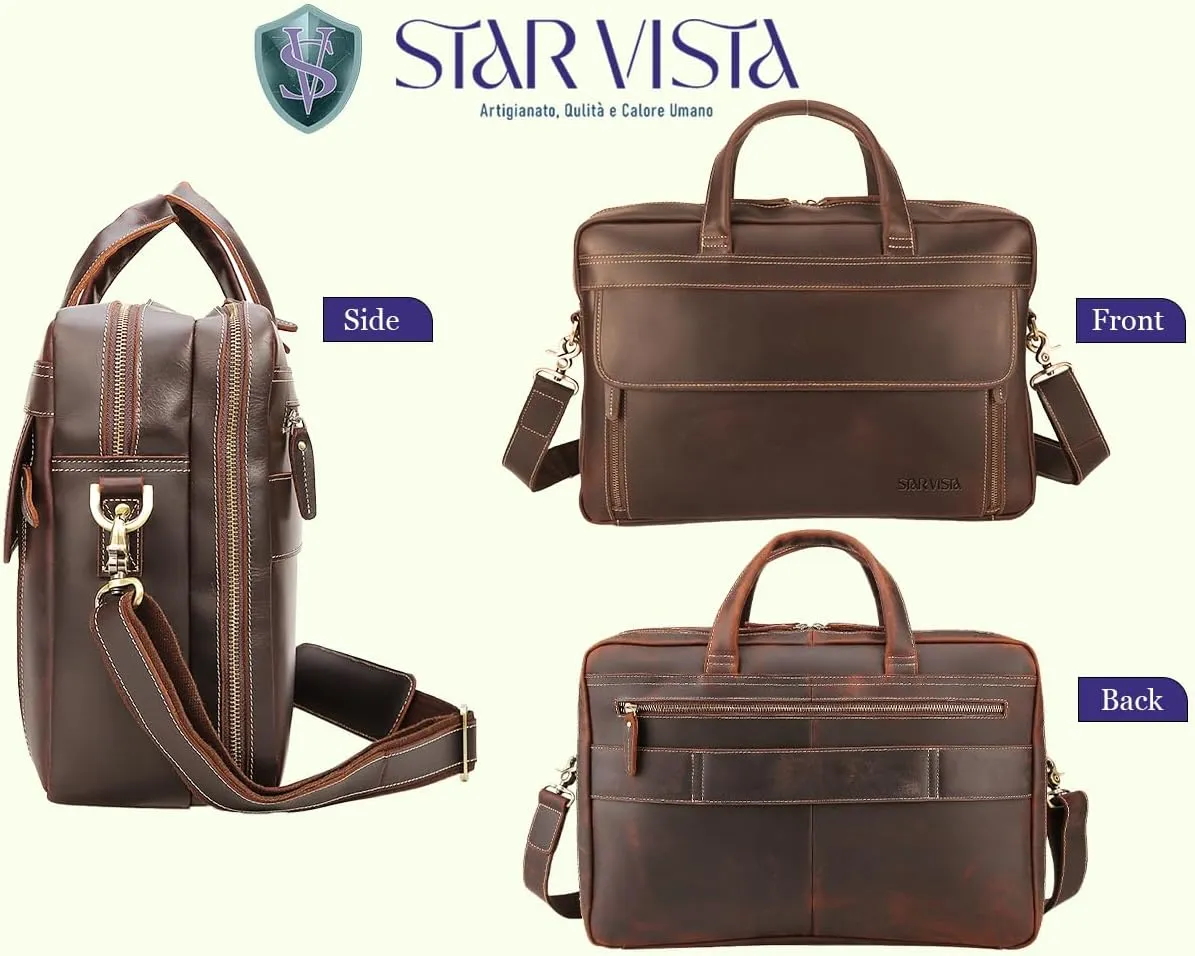 STAR VISTA Sforza Large 18" Laptop Messenger Bag, Leather Briefcase for Men, Business Travel, YKK Zippers and Brass Hardware