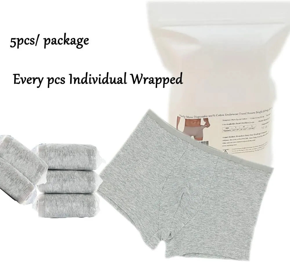 STARLY 5pcs Mens Disposable Cotton Underwear Travel Boxers Briefs Portable Shorts White/Grey/Olive Green