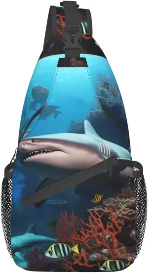 Submarine Shark Coral Printed Crossbody Sling Backpack,Casual Chest Bag Daypack,Crossbody Shoulder Bag For Travel Sports Hiking, Black